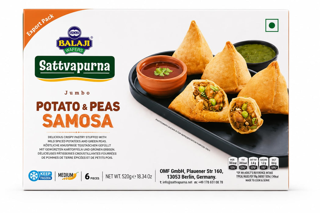 Frozen Balaji Jumbo Potato & Peas Samosa With Red & Green Chutney (6pcs) 520gm - Only Berlin Delivery (Copy)