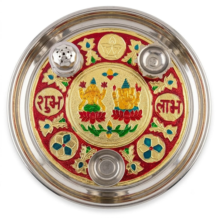 Colorful Stainless Steel Lakshmi Ganesha Worship Thali Set